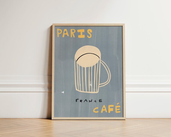 Paris France Cafe Hand Drawn Coffee Cup Trendy Slate Blue Art Print