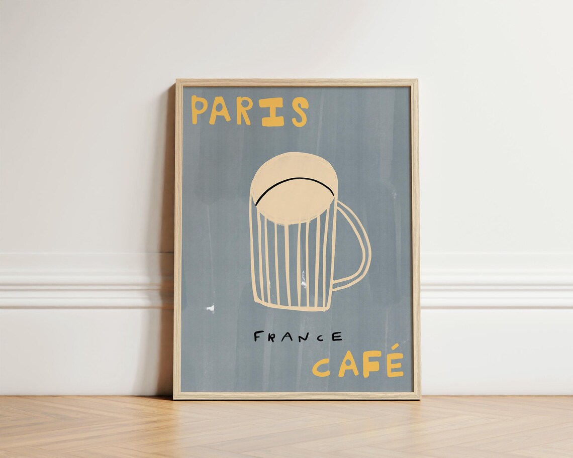 Paris France Cafe Hand Drawn Coffee Cup Trendy Slate Blue Art Print