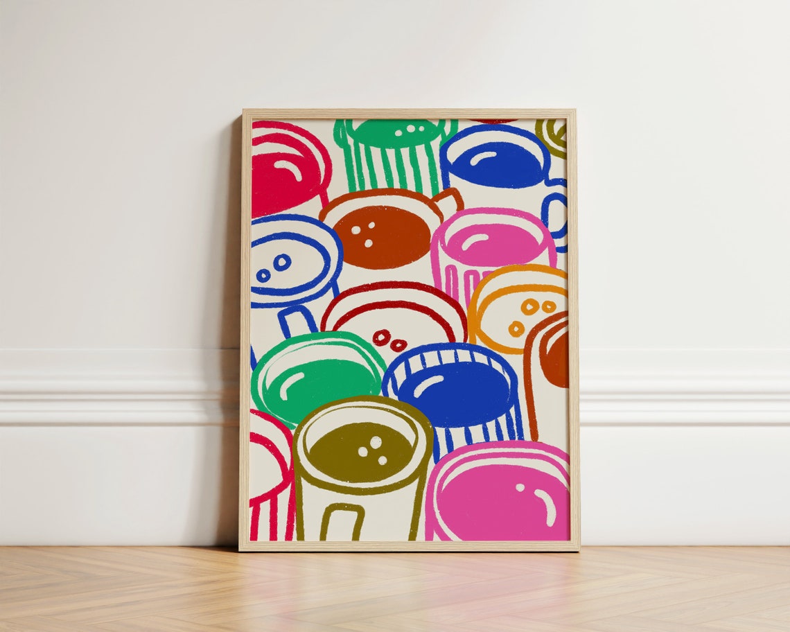Colorful Coffee Cup Doodle Pattern Retro Kitchen Decor Poster