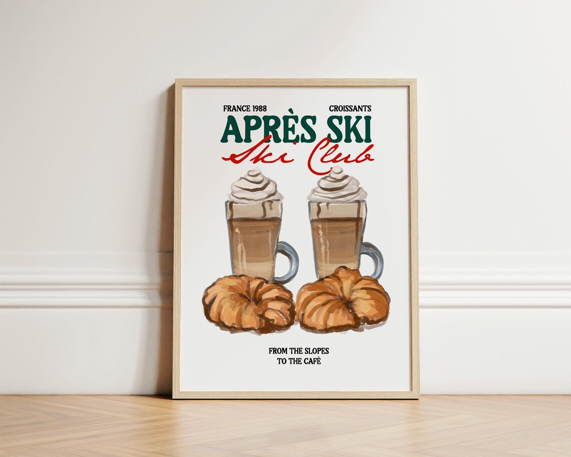 Apres Ski Club France 1988 Croissants and Hot Chocolate Vintage Poster