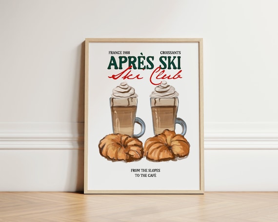 Apres Ski Club France 1988 Croissants and Hot Chocolate Vintage Poster