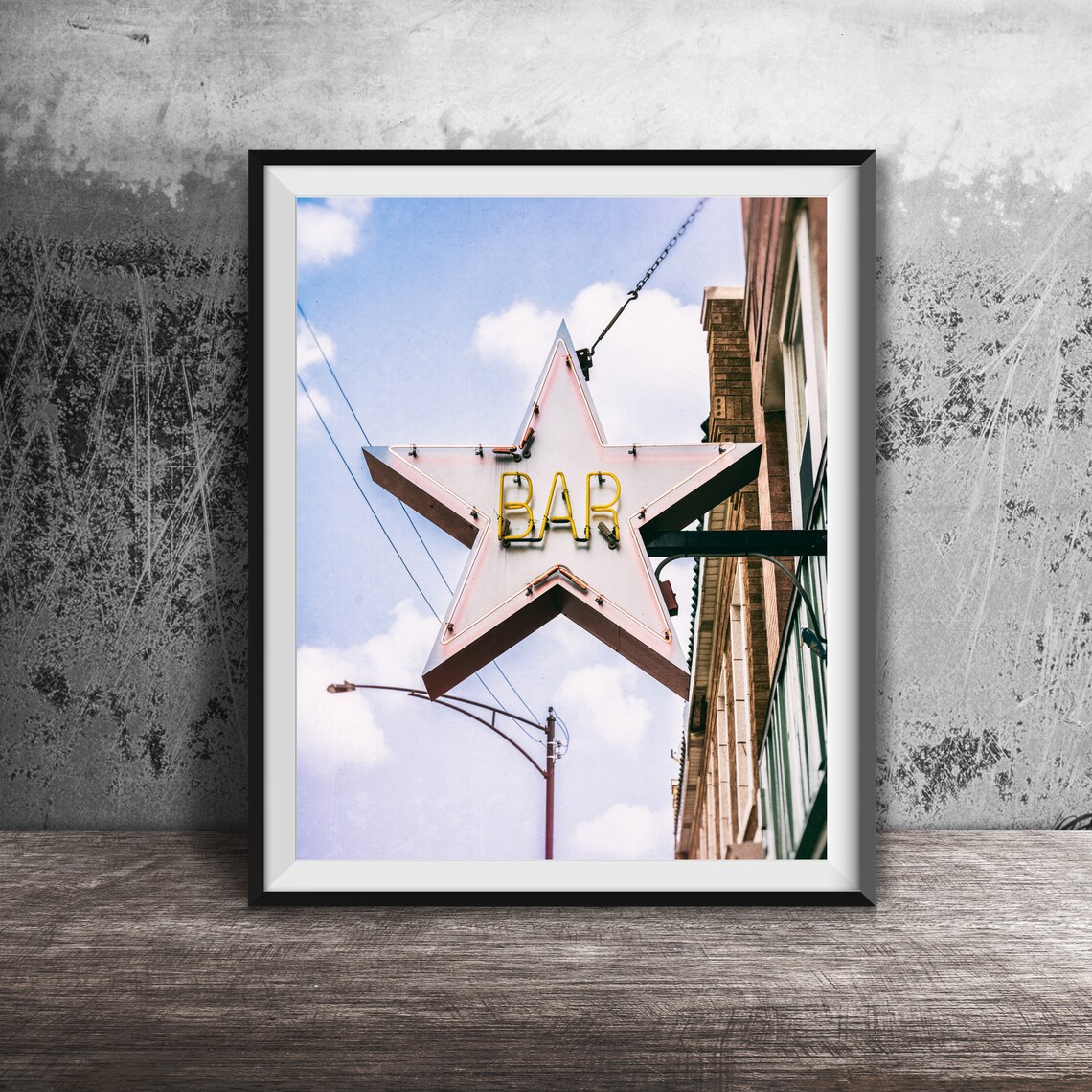 Star Shaped Bar Neon Sign Against Blue Sky Street Photo Poster