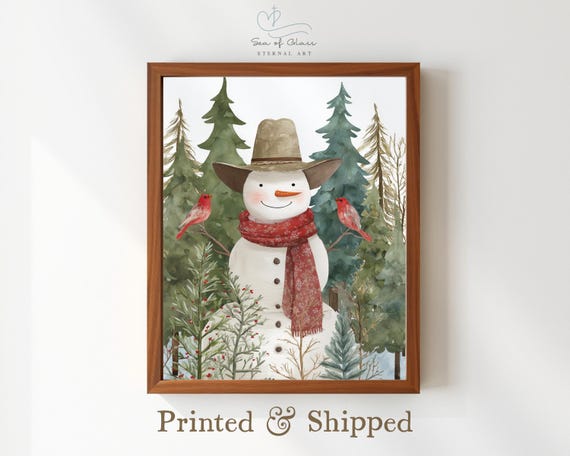 Cowboy Snowman Watercolor Print Rustic Winter Farmhouse Wall Art