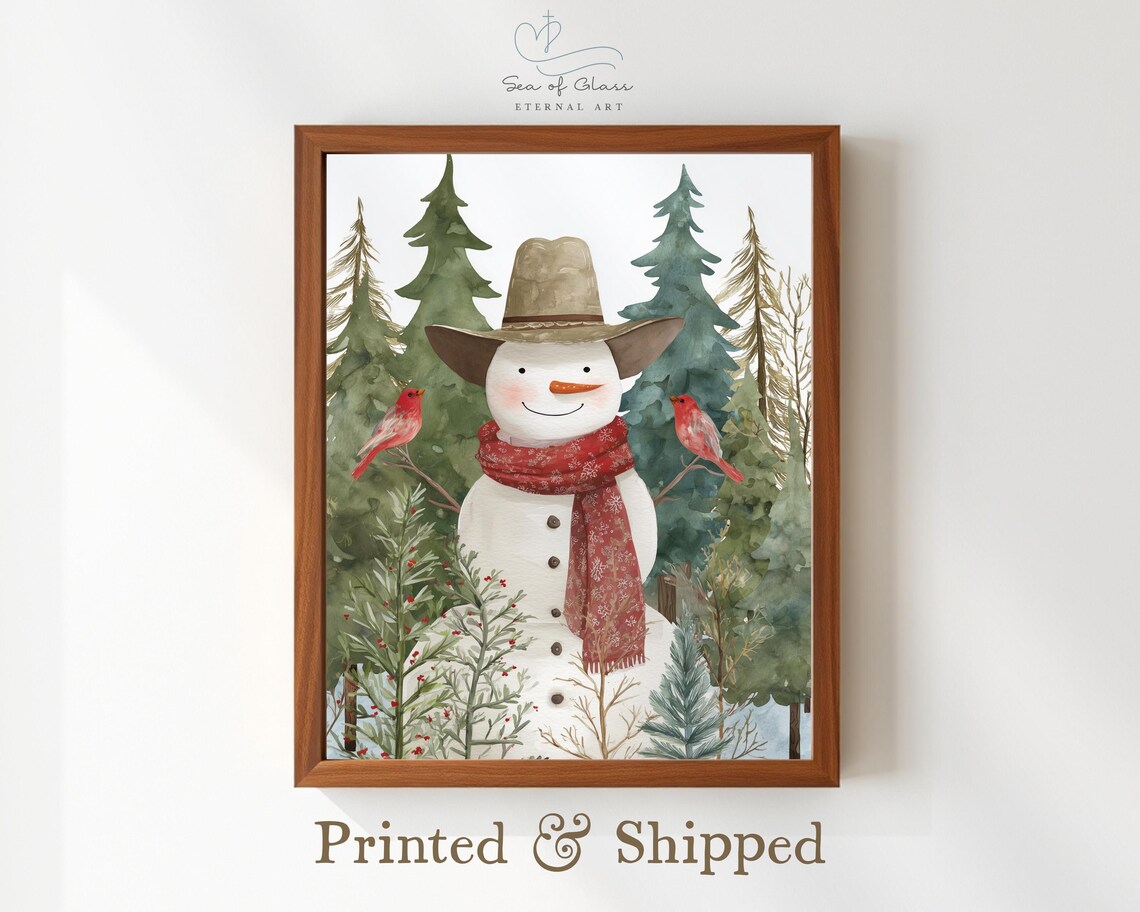 Cowboy Snowman Watercolor Poster Red Scarf Cardinals Christmas Art