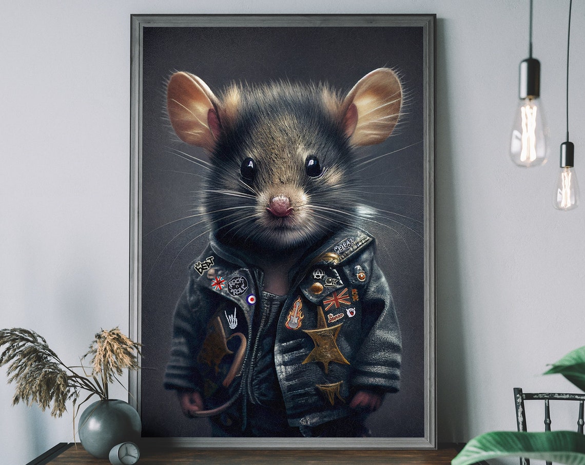 Punk Rock Mouse Leather Jacket Patch Cool Funny Animal Art Poster