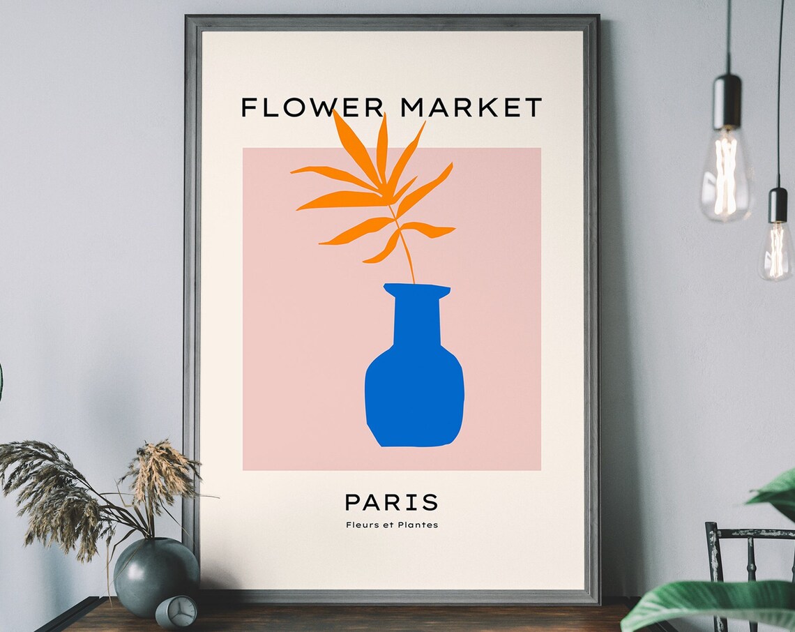 Paris Flower Market Minimalist Orange Leaf Blue Vase Botanical Print