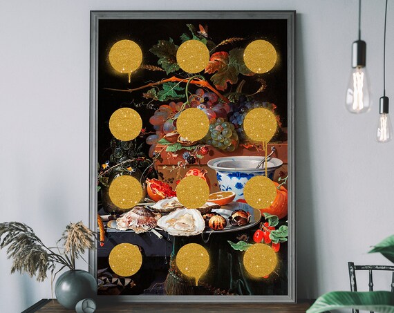 Baroque Still Life With Golden Glitter Polka Dots Lobster Feast Poster