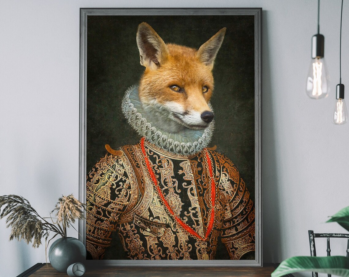Victorian Fox Portrait Renaissance Armor Lace Ruff Altered Art Print