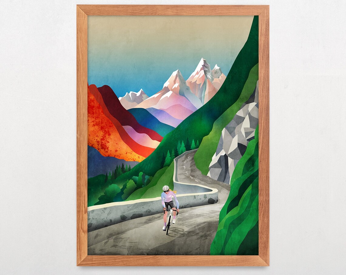 Woman Cycling High in the Mountains Art Print