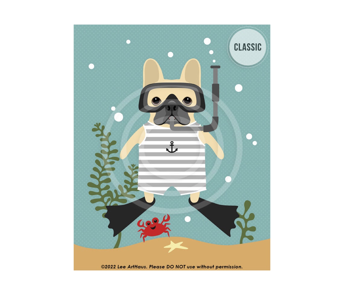 539dp French Bulldog Print Fawn French Bulldog Snorkeling In Green And White Swimsuit Wall Art Scuba Diving Dog Print Snorkel Print