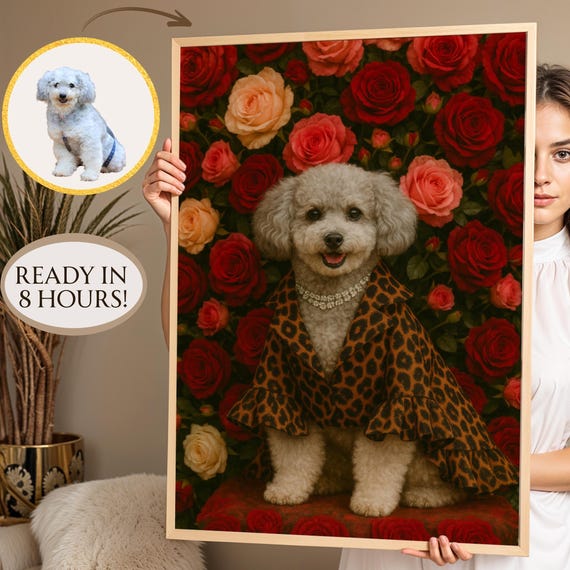 Customized Pet Art With Fashion Outfit Custom Portrait Floral Background Personalized Dog Print Painting