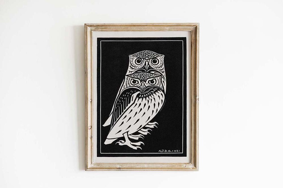 Julie de Graag Two Owls 1921 Vintage Woodcut Black White Art Print