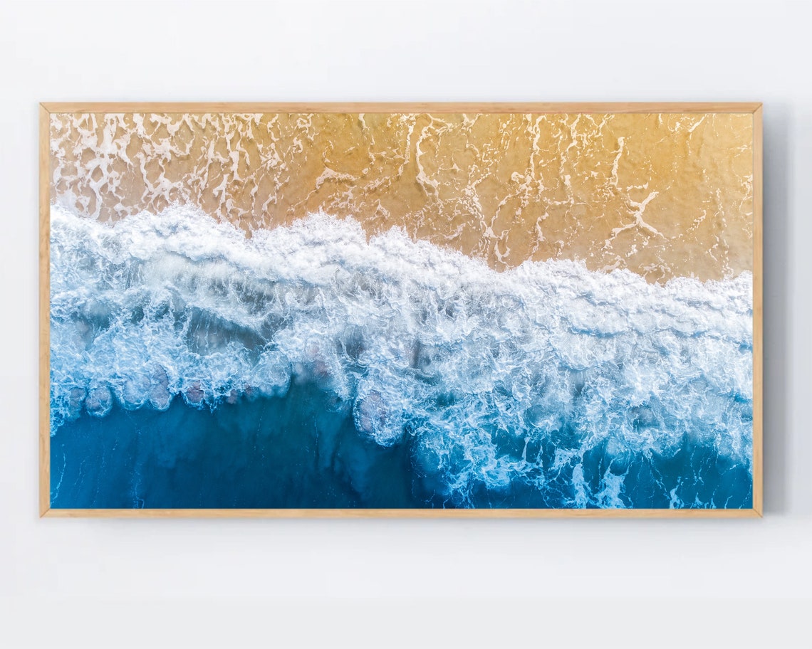 Aerial Ocean Waves Golden Sand Foam Blue Surf Drone Photography Print