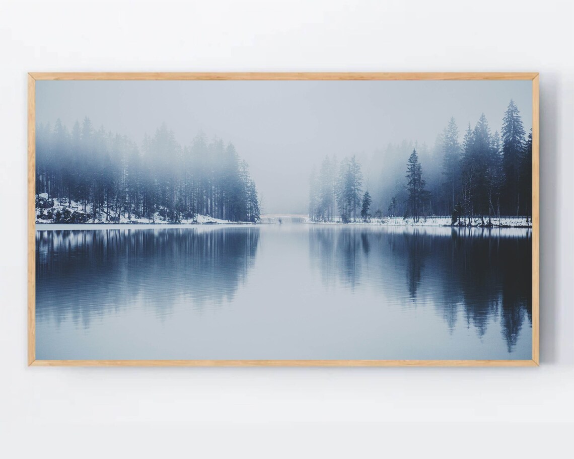 Misty Winter Lake Photo Poster Foggy Pine Forest Reflection Nature Art