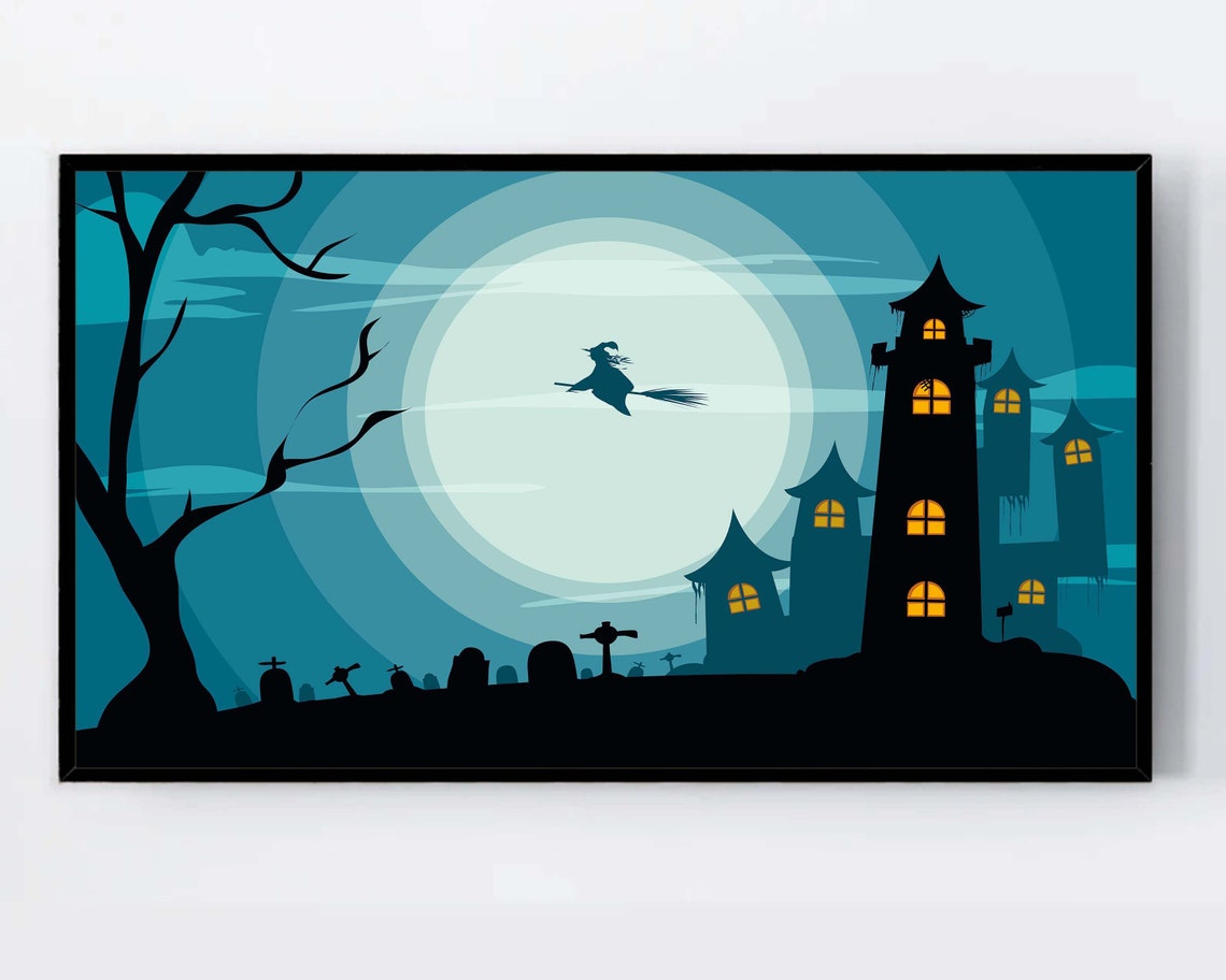 Flying Witch Over Full Moon Haunted Castle Halloween Night Poster