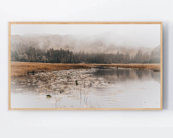 Misty Autumn Lake Lily Pads Foggy Mountain Waters Nature Landscape Poster