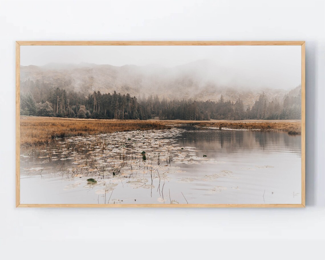 Misty Autumn Lake Lily Pads Foggy Mountain Waters Nature Landscape Poster