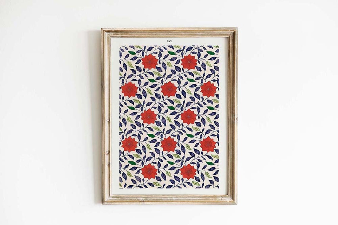 Japanese Floral Pattern Red Blossoms Navy Leaves Vintage Poster