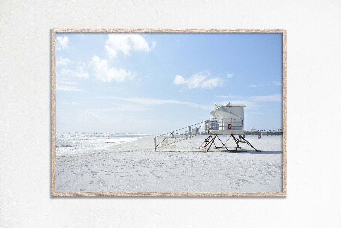 White Lifeguard Tower Number 5 Beach Pastel Coastal Photography Print