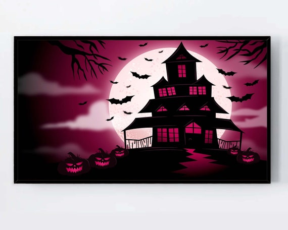 Pink Halloween Frame Tv Art Haunted House Samsung Full Moon Spooky