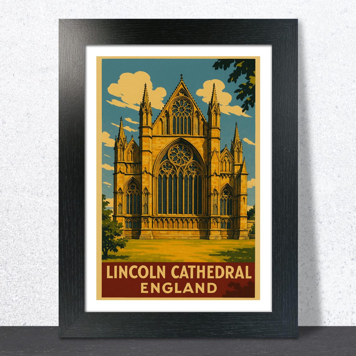 Lincoln Cathedral England Front View Summer Day Vintage Travel Poster