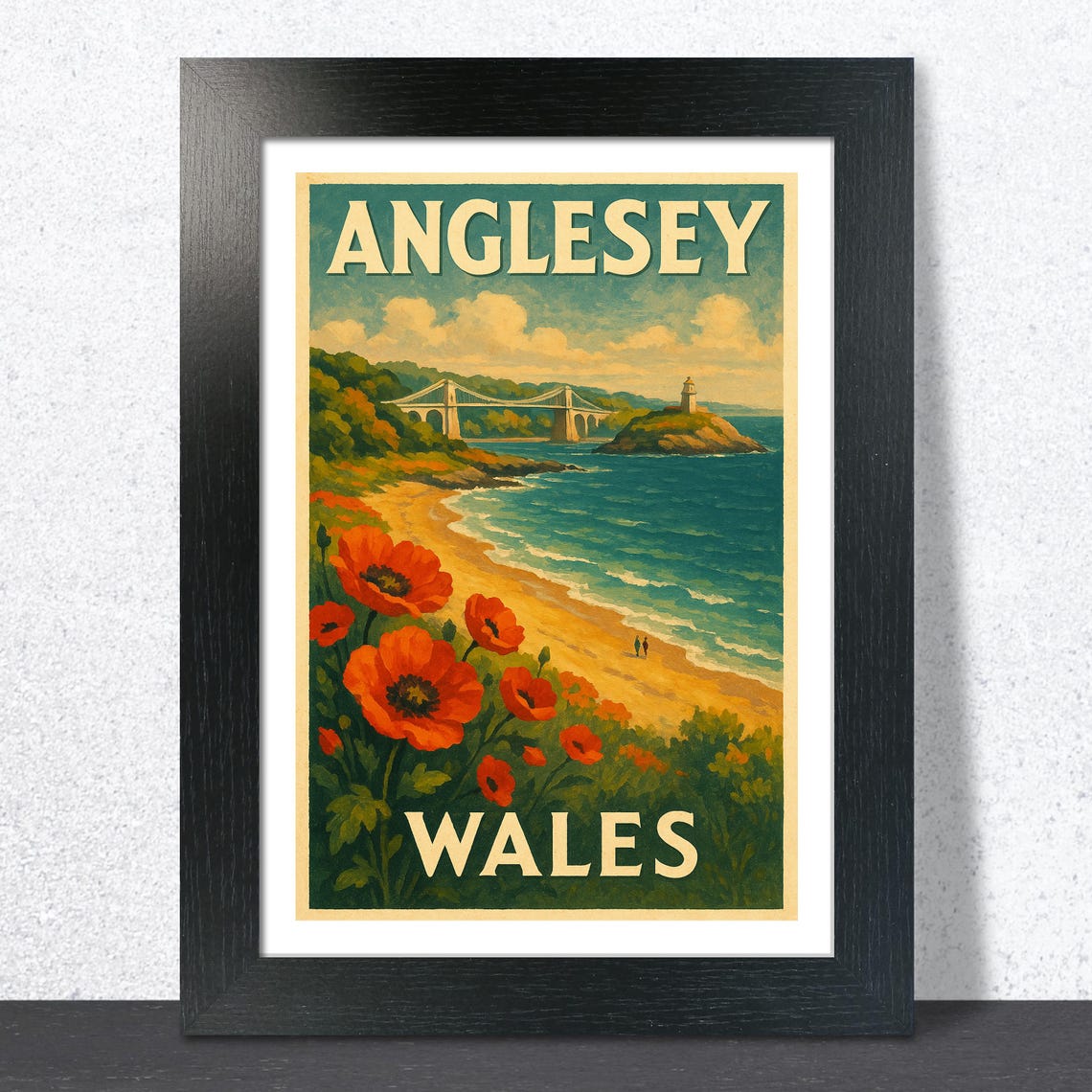 Anglesey Wales Vintage Travel Poster Red Poppies Beach Scene