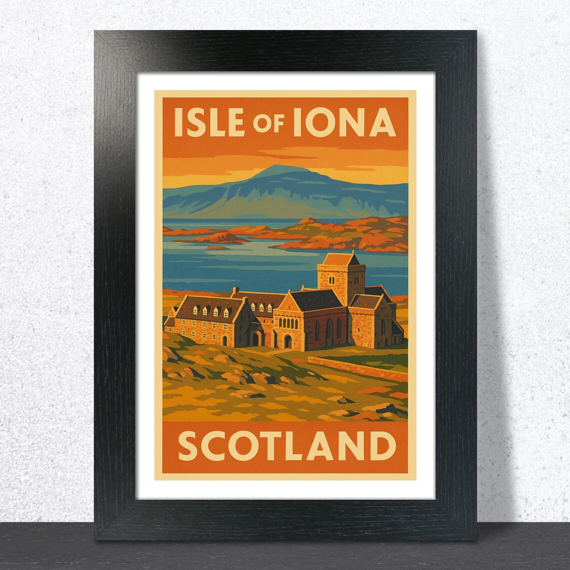 Isle Of Iona Abbey Scotland Blue Coast Vintage Travel Poster