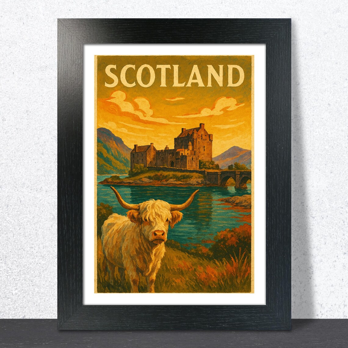 Scotland Castle With Highland Cow Golden Sunset Vintage Travel Poster