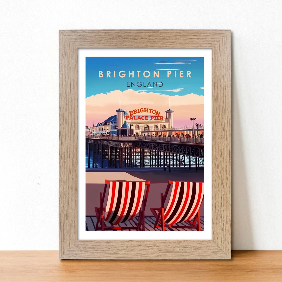Brighton Pier England Sunset Vintage Illustrated Travel Poster