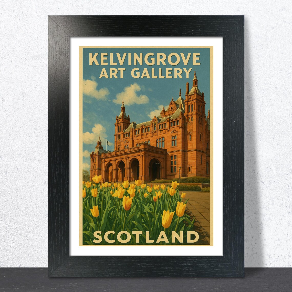 Kelvingrove Art Gallery Glasgow Yellow Tulips Retro Travel Poster
