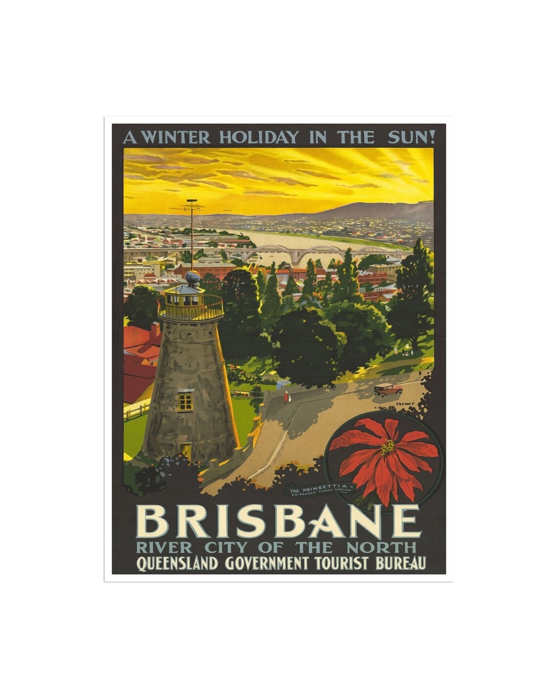 Brisbane Australia Vintage Travel Poster with Winter Sun Skyline