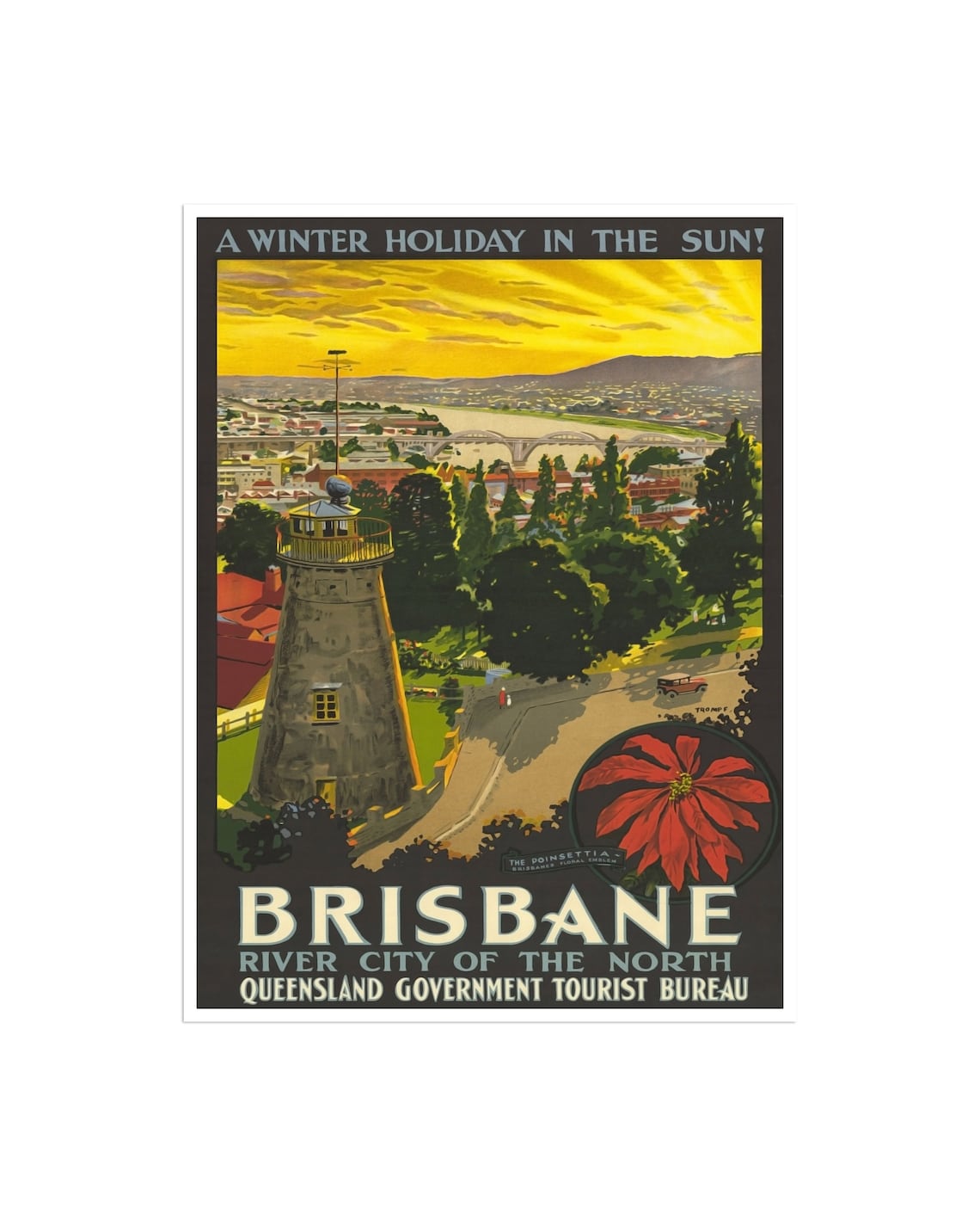 Brisbane River City of the North Poinsettia Vintage Travel Poster
