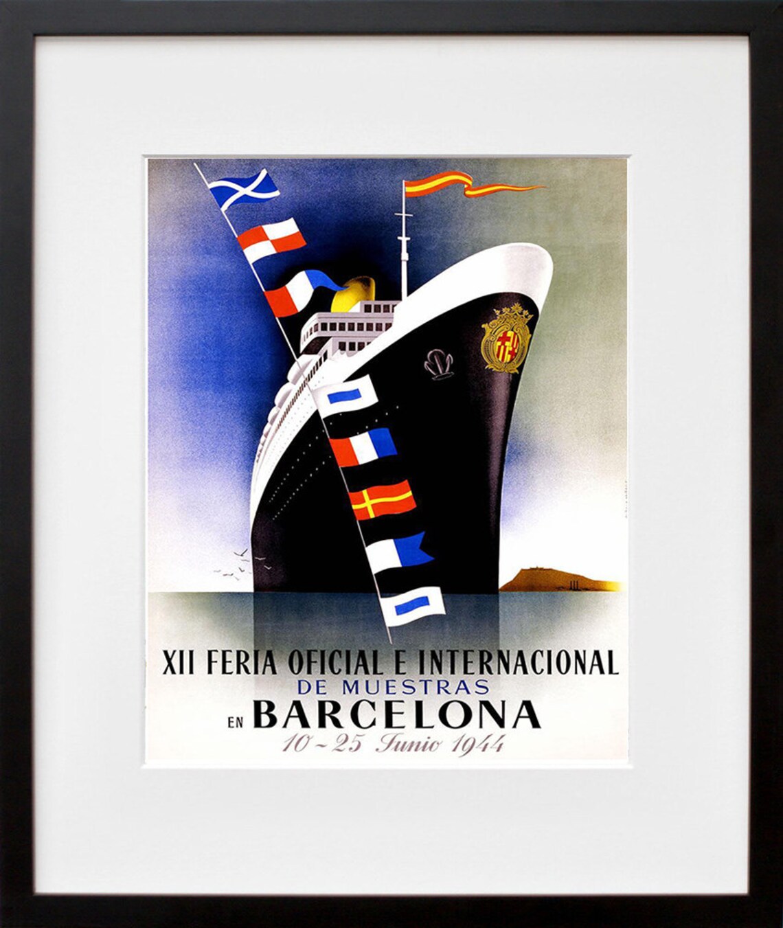 Barcelona 1944 Ocean Liner Trade Fair Flags Vintage Travel Poster - Image 2
