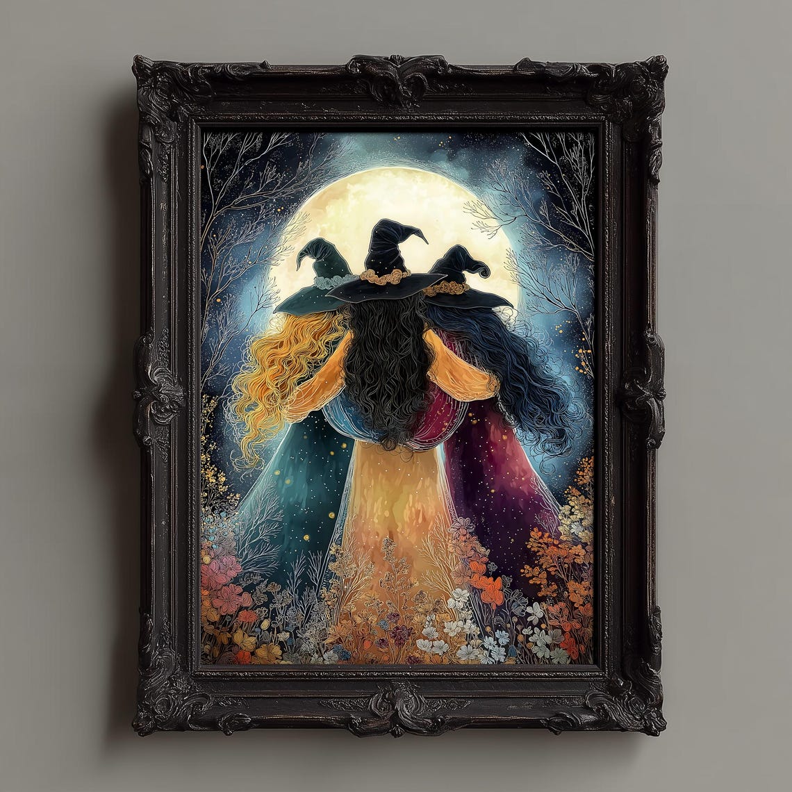 Three Witches Embracing Beneath the Full Moon in Flowers Poster