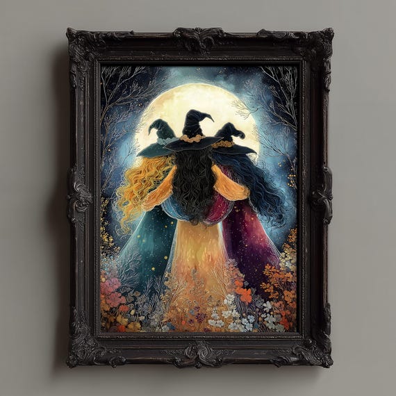 Art Nouveau Witchy Wall Three Witches Under Full Moon Print Floral Gothic Celestial Decor Dark Academia Witchcore