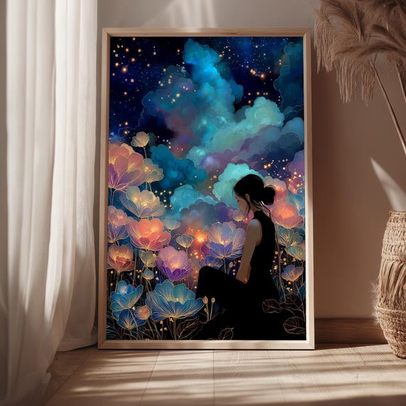 Surreal Fantasy Cosmic Floral Wall Art Print Celestial Night Sky Meditative Woman Boho Botanical Decor A1a5