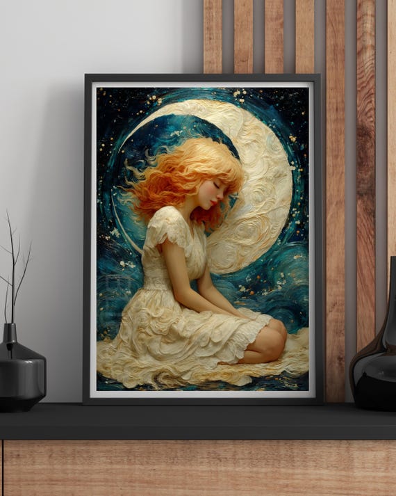 Celestial Moon Goddess Art Print Surreal Fantasy Girl Wall Whimsical Ethereal Decor A1a5
