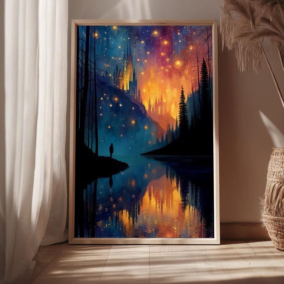 Fantasy Castle Wall Art Print Dreamy Celestial Landscape Decor Magical Night Sky