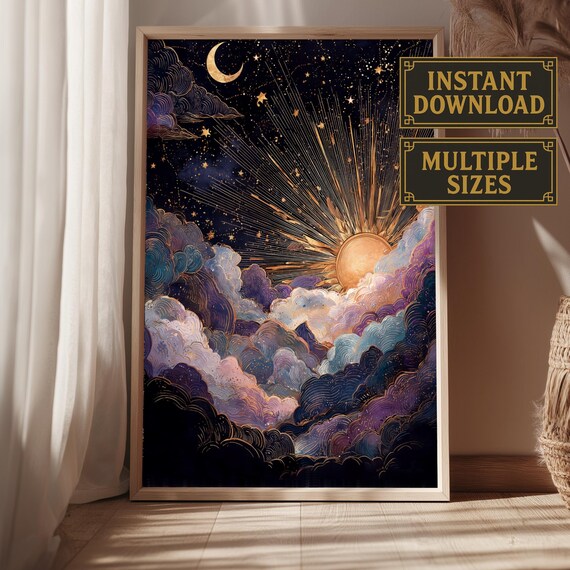 Radiant Sun Through Clouds With Crescent Moon Celestial Poster