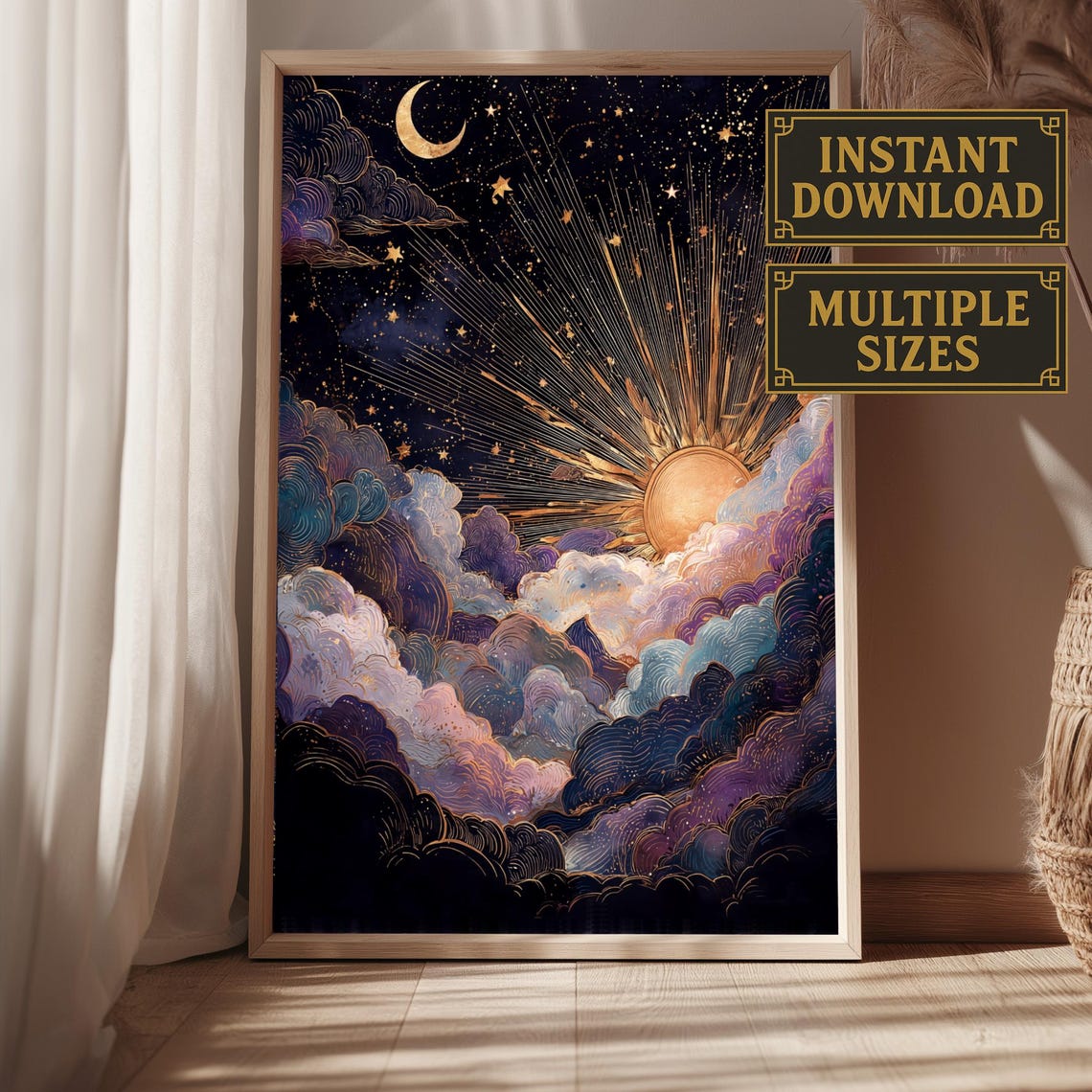 Radiant Sun Through Clouds With Crescent Moon Celestial Poster