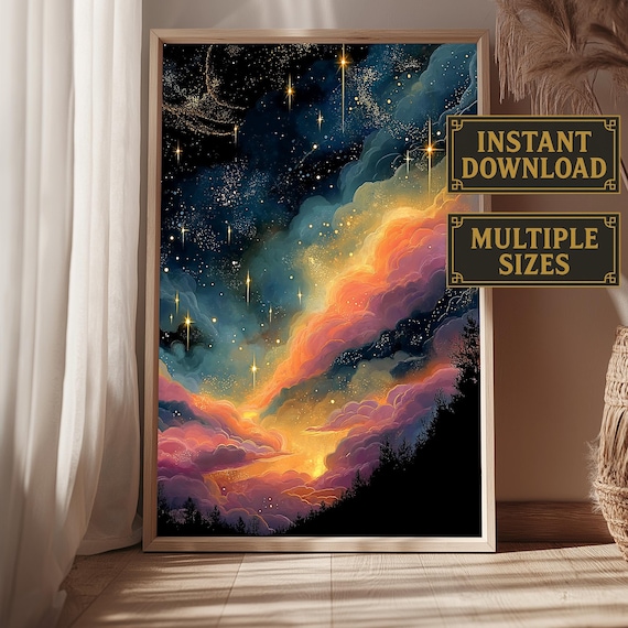Vibrant Starry Cloudscape Night Sky Above City Silhouette Print