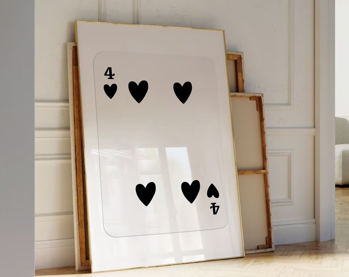 Four Of Hearts Black Playing Card Minimalist Game Room Poster