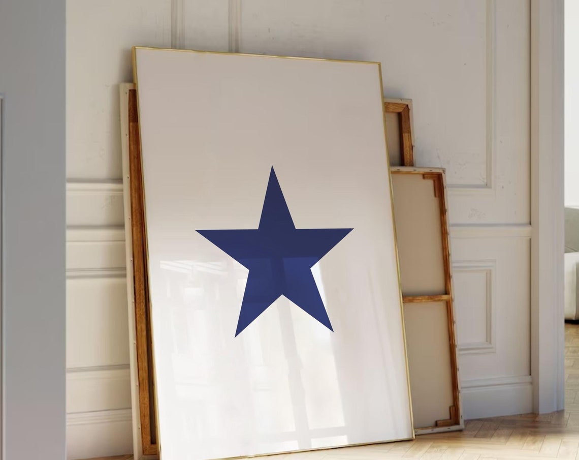 Navy Blue Star on White Minimalist Modern Decor Statement Wall Art