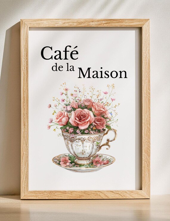 Cafe de la Maison Poster Pink Roses Teacup Watercolor Floral Kitchen Decor