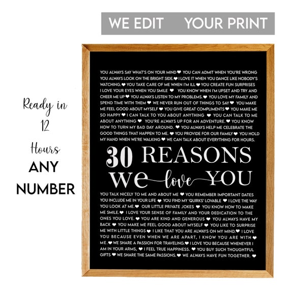 30 Reasons Why We Love You Black Chalkboard Romantic Note Poster