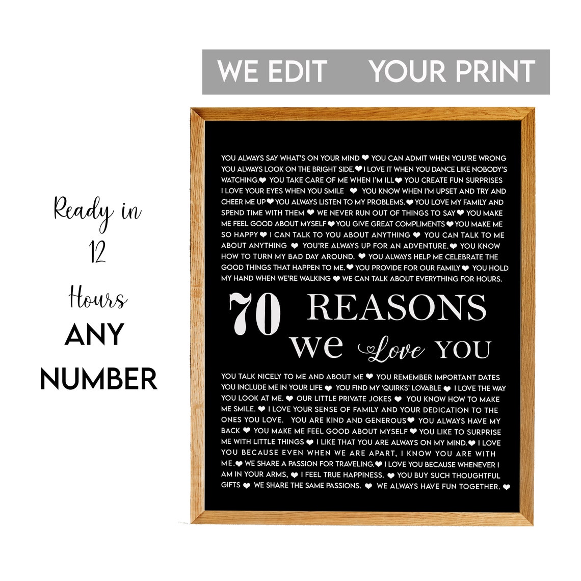 70 Reasons Why We Love You Bold Black Script 70th Birthday Poster