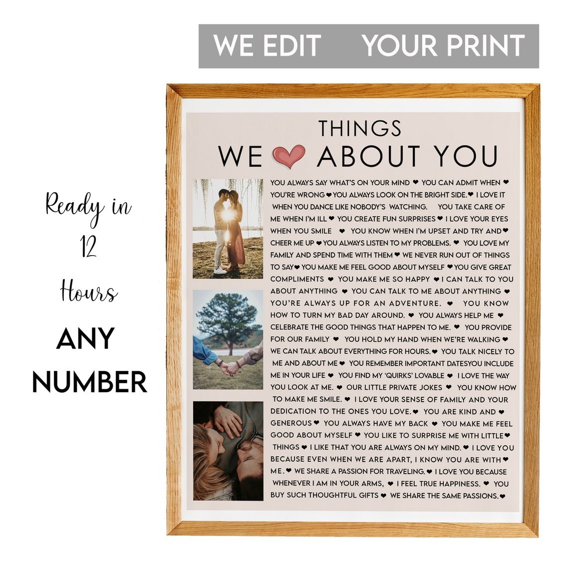 Things We Love About You Three Photo Keepsake List Art Poster
