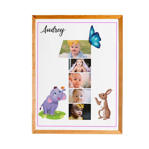 Number 1 Photo Collage 1st Birthday Photo Poster New Born Gift One Year Collage Woodland Animal Photo Collage Nursery Print