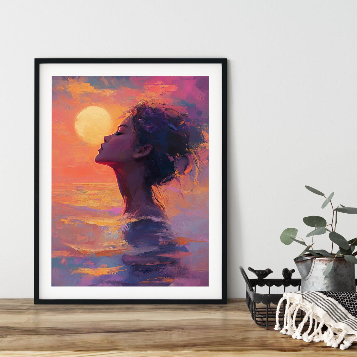 Woman Silhouette At Sunset Over The Ocean Colorful Painting Poster