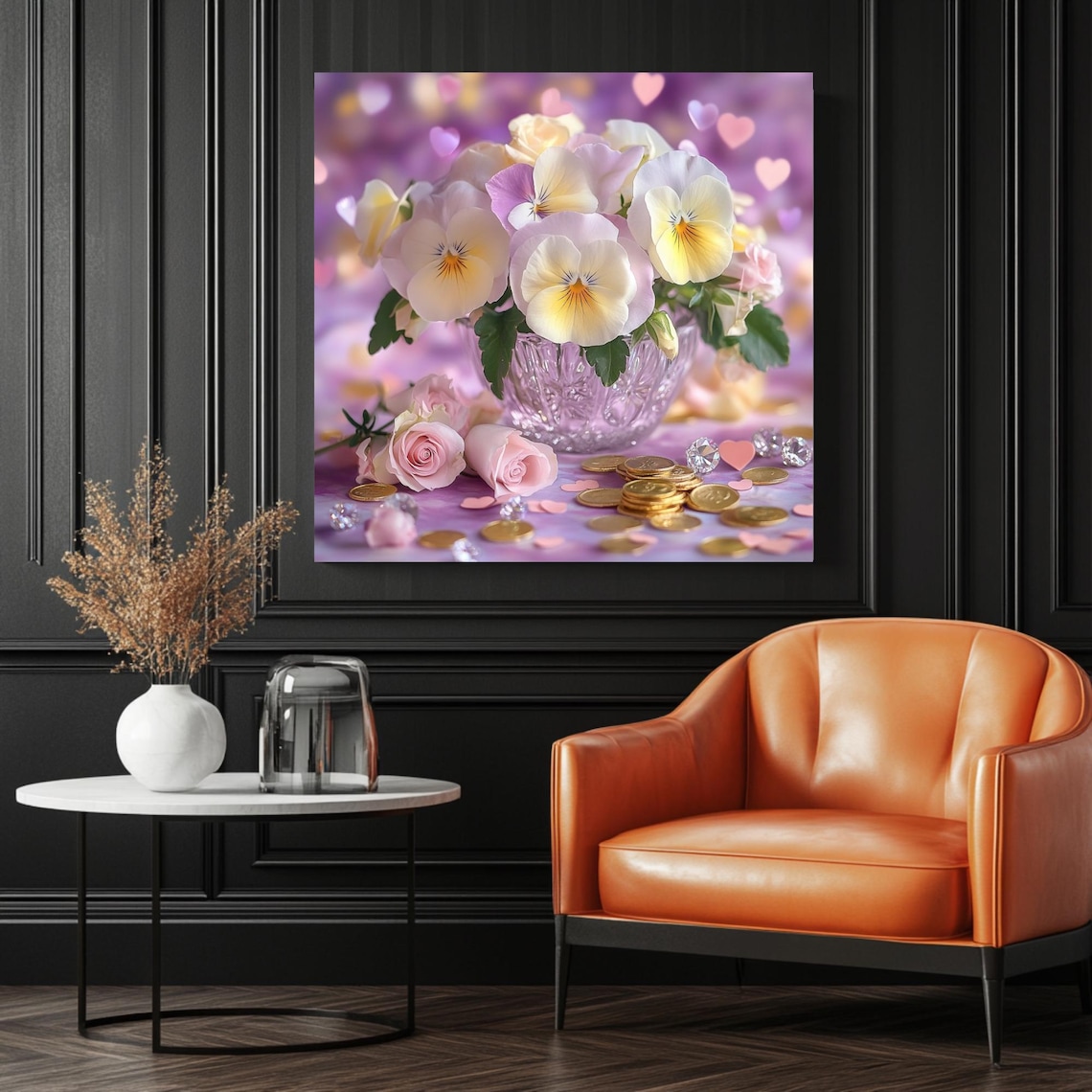 Pansy and Rose Floral Bouquet, Romantic Decor - Image 3